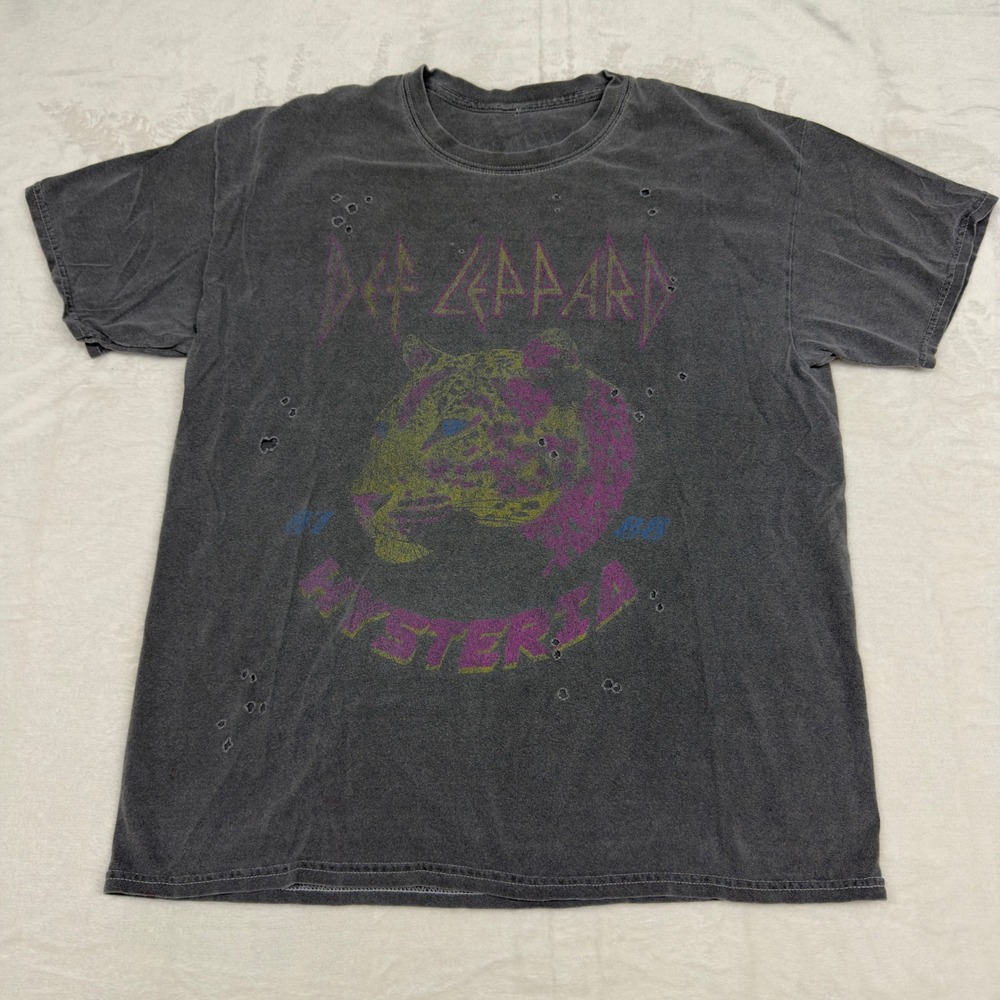 Def Leppard‎ Hysteria 80s Graphic Tee Faded Black Distressed Burnout Band M / L